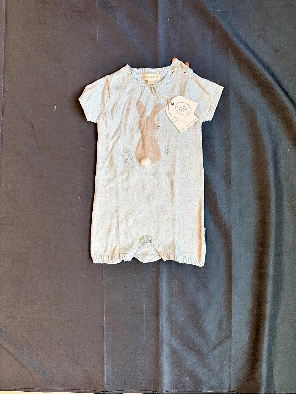 Elegant Baby Pale Blue Bunny Knit Shortall Romper